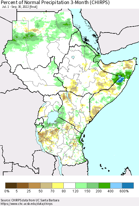 Eastern Africa Percent of Normal Precipitation 3-Month (CHIRPS) Thematic Map For 7/1/2022 - 9/30/2022