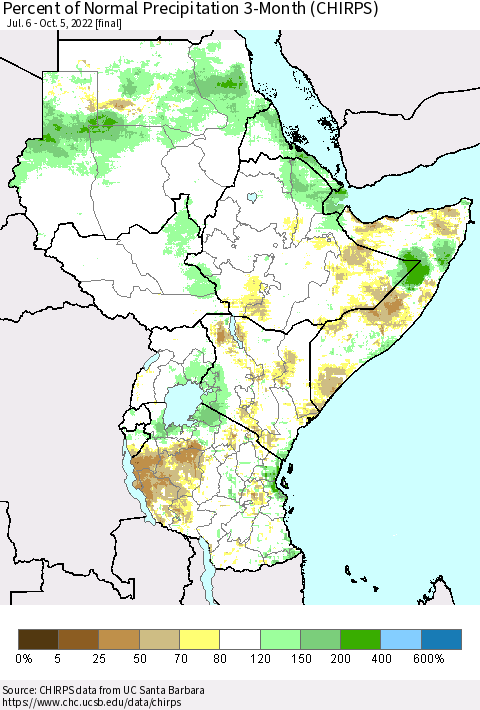 Eastern Africa Percent of Normal Precipitation 3-Month (CHIRPS) Thematic Map For 7/6/2022 - 10/5/2022