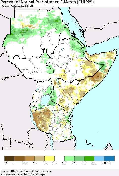 Eastern Africa Percent of Normal Precipitation 3-Month (CHIRPS) Thematic Map For 7/11/2022 - 10/10/2022