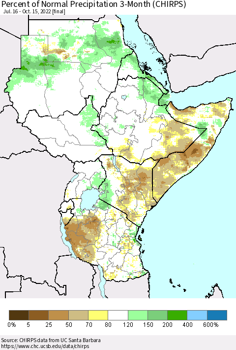 Eastern Africa Percent of Normal Precipitation 3-Month (CHIRPS) Thematic Map For 7/16/2022 - 10/15/2022