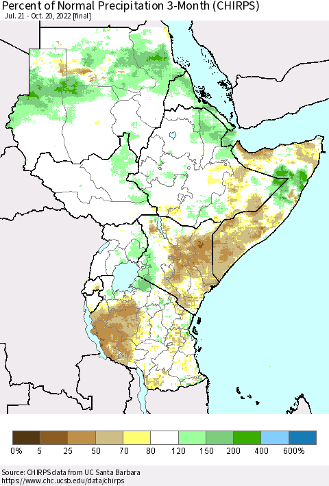 Eastern Africa Percent of Normal Precipitation 3-Month (CHIRPS) Thematic Map For 7/21/2022 - 10/20/2022