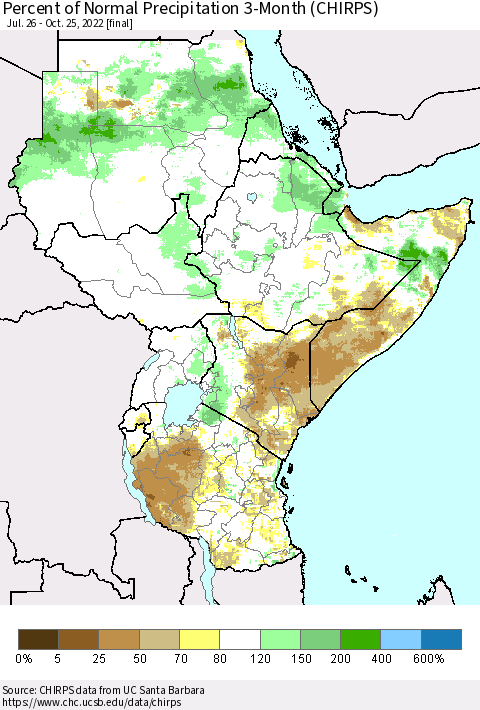 Eastern Africa Percent of Normal Precipitation 3-Month (CHIRPS) Thematic Map For 7/26/2022 - 10/25/2022