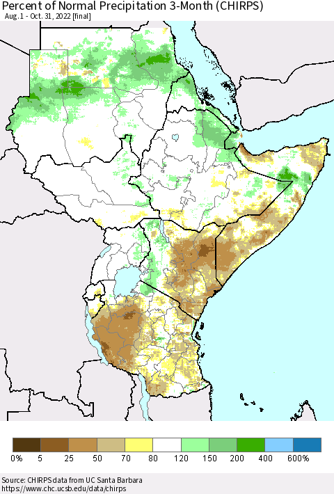 Eastern Africa Percent of Normal Precipitation 3-Month (CHIRPS) Thematic Map For 8/1/2022 - 10/31/2022