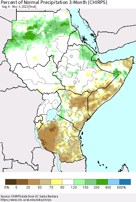 Eastern Africa Percent of Normal Precipitation 3-Month (CHIRPS) Thematic Map For 8/6/2022 - 11/5/2022