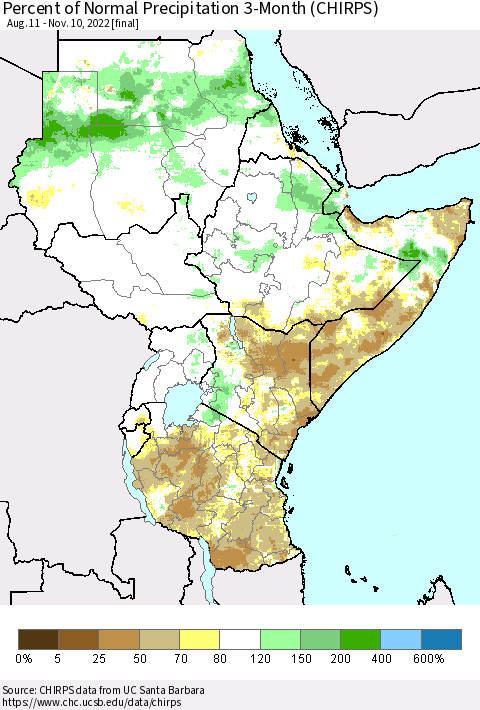 Eastern Africa Percent of Normal Precipitation 3-Month (CHIRPS) Thematic Map For 8/11/2022 - 11/10/2022