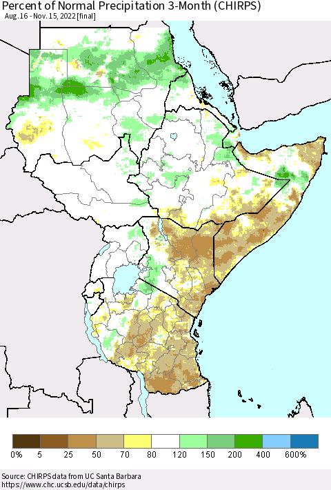Eastern Africa Percent of Normal Precipitation 3-Month (CHIRPS) Thematic Map For 8/16/2022 - 11/15/2022