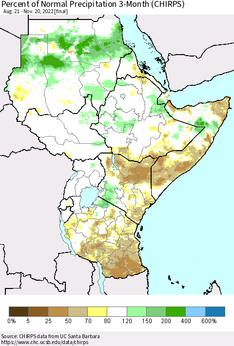 Eastern Africa Percent of Normal Precipitation 3-Month (CHIRPS) Thematic Map For 8/21/2022 - 11/20/2022
