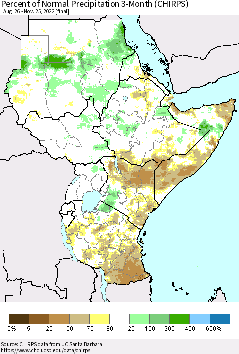 Eastern Africa Percent of Normal Precipitation 3-Month (CHIRPS) Thematic Map For 8/26/2022 - 11/25/2022