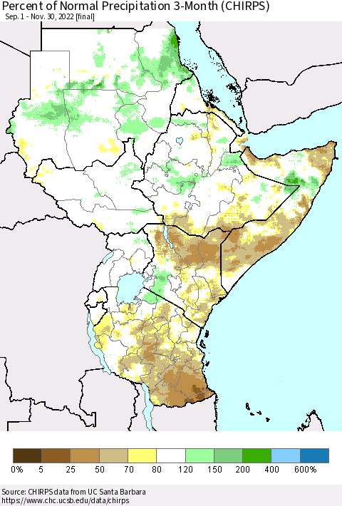 Eastern Africa Percent of Normal Precipitation 3-Month (CHIRPS) Thematic Map For 9/1/2022 - 11/30/2022
