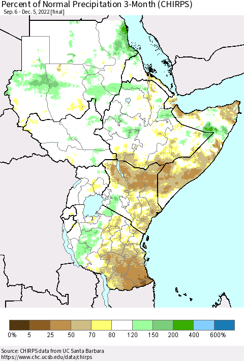 Eastern Africa Percent of Normal Precipitation 3-Month (CHIRPS) Thematic Map For 9/6/2022 - 12/5/2022