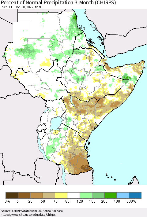 Eastern Africa Percent of Normal Precipitation 3-Month (CHIRPS) Thematic Map For 9/11/2022 - 12/10/2022