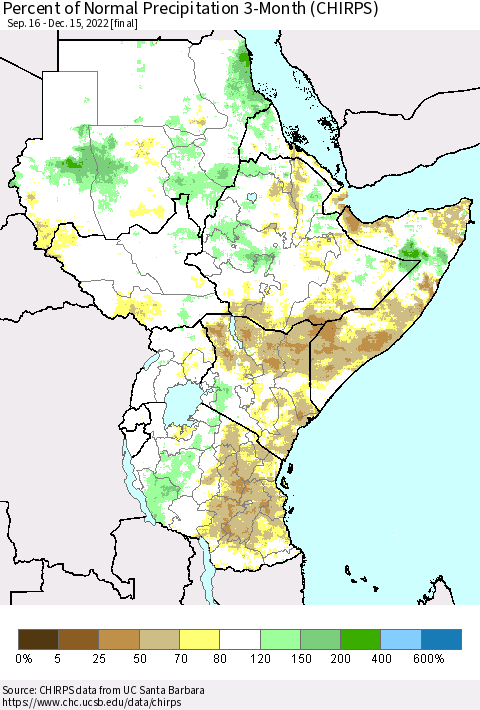 Eastern Africa Percent of Normal Precipitation 3-Month (CHIRPS) Thematic Map For 9/16/2022 - 12/15/2022