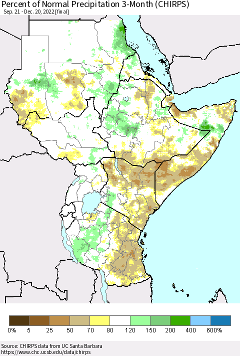 Eastern Africa Percent of Normal Precipitation 3-Month (CHIRPS) Thematic Map For 9/21/2022 - 12/20/2022