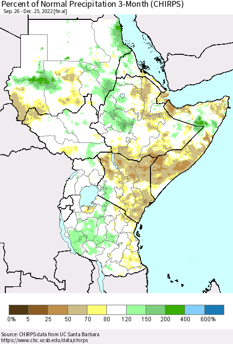 Eastern Africa Percent of Normal Precipitation 3-Month (CHIRPS) Thematic Map For 9/26/2022 - 12/25/2022