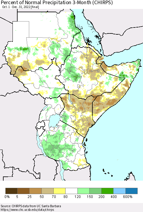 Eastern Africa Percent of Normal Precipitation 3-Month (CHIRPS) Thematic Map For 10/1/2022 - 12/31/2022