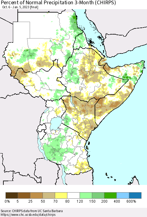Eastern Africa Percent of Normal Precipitation 3-Month (CHIRPS) Thematic Map For 10/6/2022 - 1/5/2023