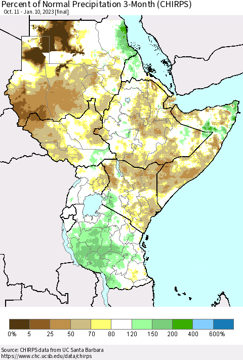 Eastern Africa Percent of Normal Precipitation 3-Month (CHIRPS) Thematic Map For 10/11/2022 - 1/10/2023
