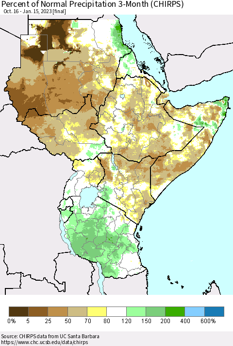 Eastern Africa Percent of Normal Precipitation 3-Month (CHIRPS) Thematic Map For 10/16/2022 - 1/15/2023