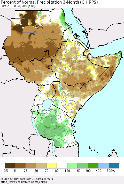 Eastern Africa Percent of Normal Precipitation 3-Month (CHIRPS) Thematic Map For 10/21/2022 - 1/20/2023