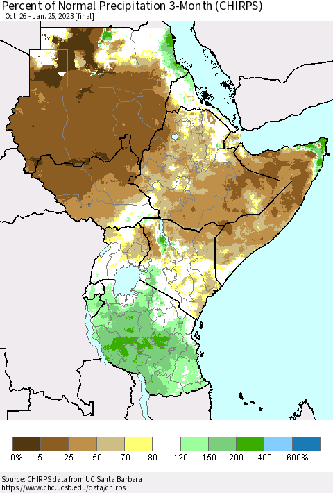 Eastern Africa Percent of Normal Precipitation 3-Month (CHIRPS) Thematic Map For 10/26/2022 - 1/25/2023