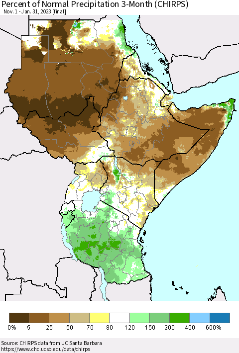 Eastern Africa Percent of Normal Precipitation 3-Month (CHIRPS) Thematic Map For 11/1/2022 - 1/31/2023