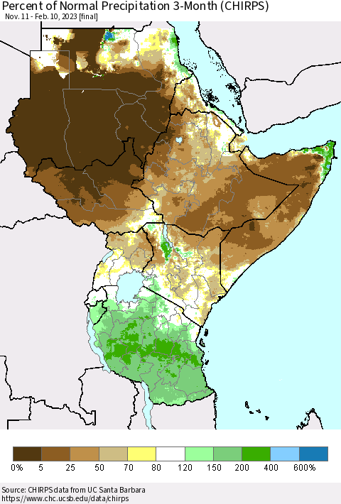 Eastern Africa Percent of Normal Precipitation 3-Month (CHIRPS) Thematic Map For 11/11/2022 - 2/10/2023