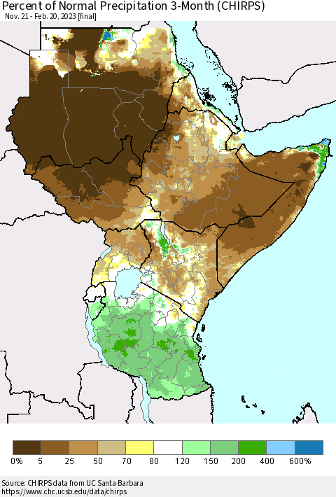 Eastern Africa Percent of Normal Precipitation 3-Month (CHIRPS) Thematic Map For 11/21/2022 - 2/20/2023