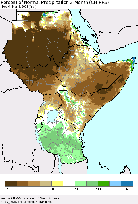 Eastern Africa Percent of Normal Precipitation 3-Month (CHIRPS) Thematic Map For 12/6/2022 - 3/5/2023
