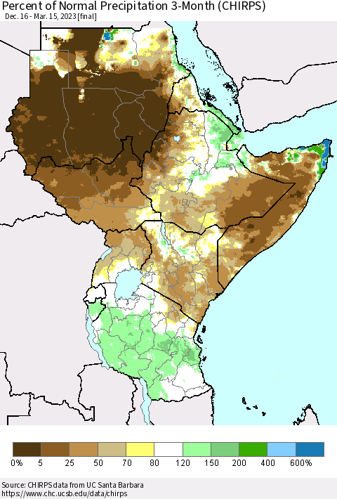 Eastern Africa Percent of Normal Precipitation 3-Month (CHIRPS) Thematic Map For 12/16/2022 - 3/15/2023