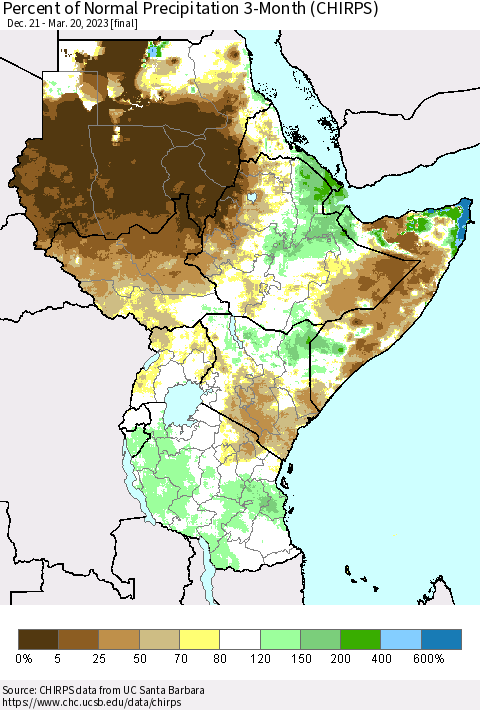 Eastern Africa Percent of Normal Precipitation 3-Month (CHIRPS) Thematic Map For 12/21/2022 - 3/20/2023
