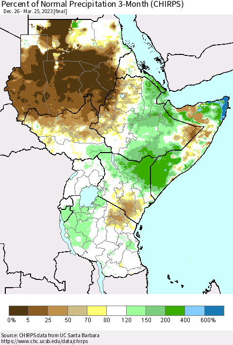 Eastern Africa Percent of Normal Precipitation 3-Month (CHIRPS) Thematic Map For 12/26/2022 - 3/25/2023
