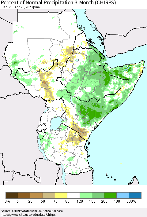 Eastern Africa Percent of Normal Precipitation 3-Month (CHIRPS) Thematic Map For 1/21/2023 - 4/20/2023