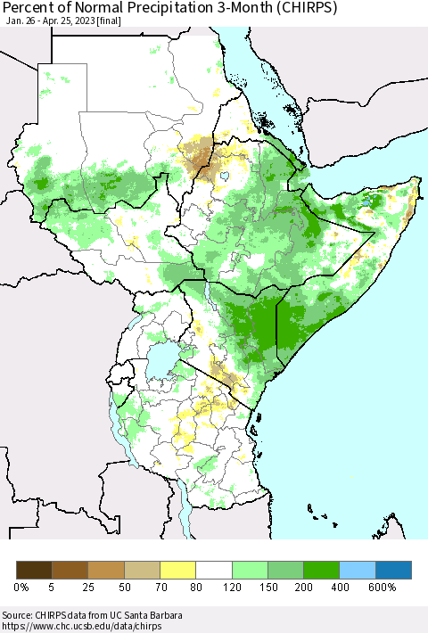 Eastern Africa Percent of Normal Precipitation 3-Month (CHIRPS) Thematic Map For 1/26/2023 - 4/25/2023
