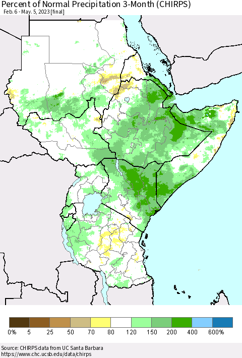 Eastern Africa Percent of Normal Precipitation 3-Month (CHIRPS) Thematic Map For 2/6/2023 - 5/5/2023