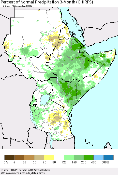 Eastern Africa Percent of Normal Precipitation 3-Month (CHIRPS) Thematic Map For 2/11/2023 - 5/10/2023