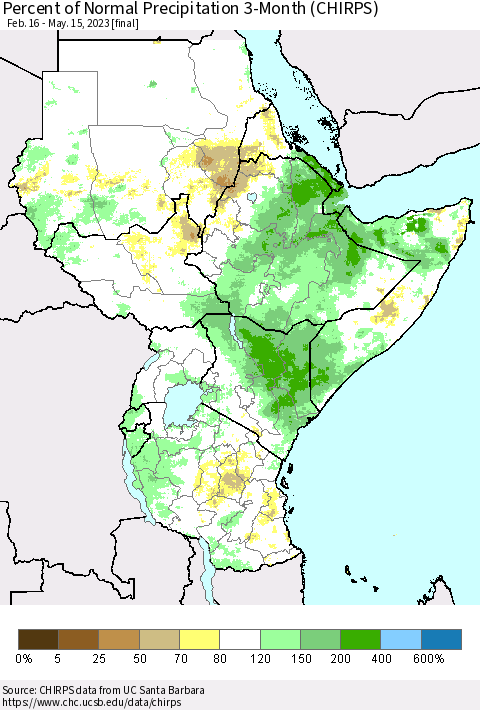 Eastern Africa Percent of Normal Precipitation 3-Month (CHIRPS) Thematic Map For 2/16/2023 - 5/15/2023