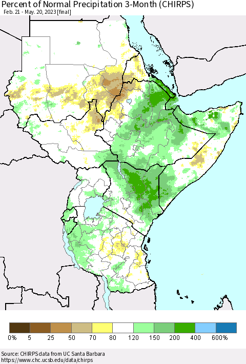 Eastern Africa Percent of Normal Precipitation 3-Month (CHIRPS) Thematic Map For 2/21/2023 - 5/20/2023
