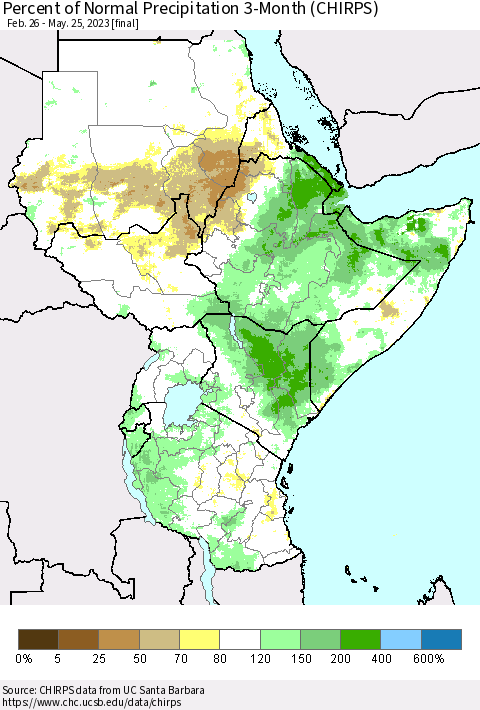 Eastern Africa Percent of Normal Precipitation 3-Month (CHIRPS) Thematic Map For 2/26/2023 - 5/25/2023