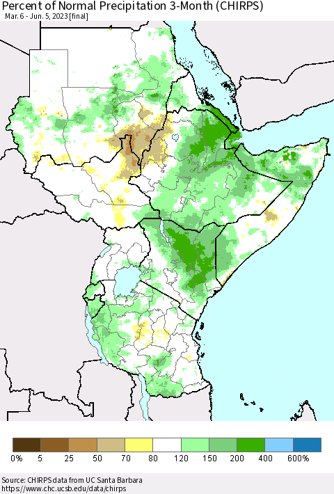 Eastern Africa Percent of Normal Precipitation 3-Month (CHIRPS) Thematic Map For 3/6/2023 - 6/5/2023
