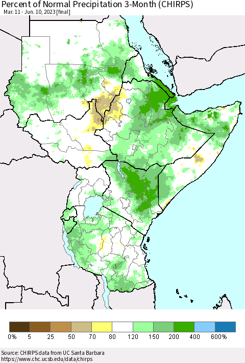 Eastern Africa Percent of Normal Precipitation 3-Month (CHIRPS) Thematic Map For 3/11/2023 - 6/10/2023