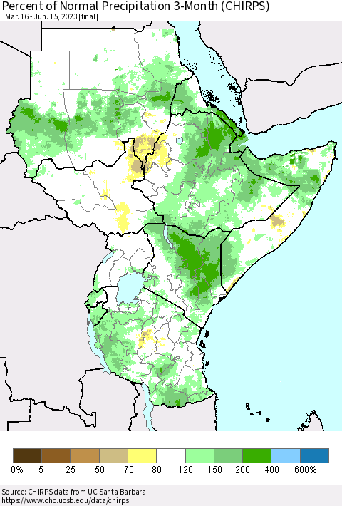 Eastern Africa Percent of Normal Precipitation 3-Month (CHIRPS) Thematic Map For 3/16/2023 - 6/15/2023