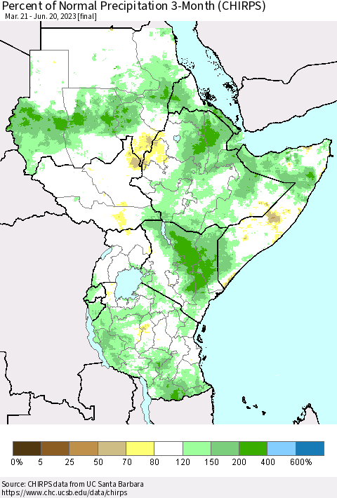Eastern Africa Percent of Normal Precipitation 3-Month (CHIRPS) Thematic Map For 3/21/2023 - 6/20/2023