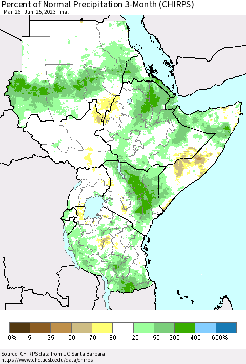 Eastern Africa Percent of Normal Precipitation 3-Month (CHIRPS) Thematic Map For 3/26/2023 - 6/25/2023