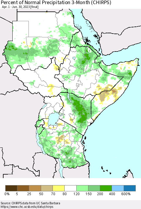 Eastern Africa Percent of Normal Precipitation 3-Month (CHIRPS) Thematic Map For 4/1/2023 - 6/30/2023