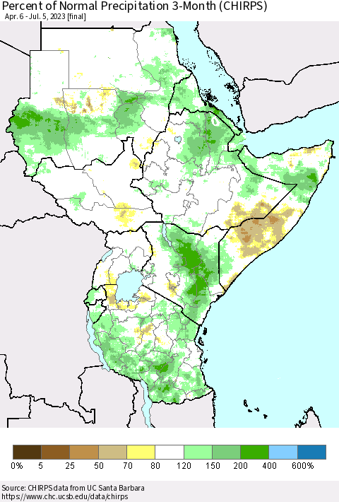 Eastern Africa Percent of Normal Precipitation 3-Month (CHIRPS) Thematic Map For 4/6/2023 - 7/5/2023