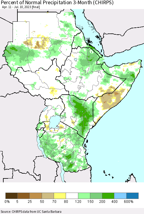 Eastern Africa Percent of Normal Precipitation 3-Month (CHIRPS) Thematic Map For 4/11/2023 - 7/10/2023