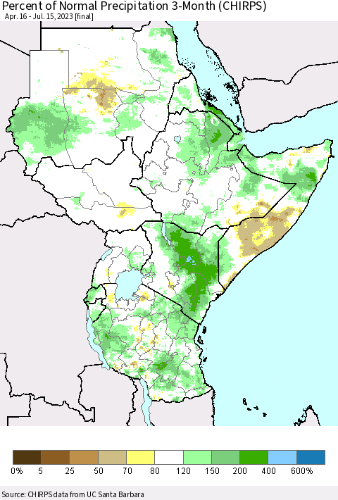 Eastern Africa Percent of Normal Precipitation 3-Month (CHIRPS) Thematic Map For 4/16/2023 - 7/15/2023