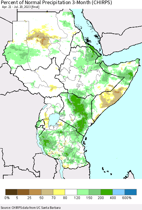 Eastern Africa Percent of Normal Precipitation 3-Month (CHIRPS) Thematic Map For 4/21/2023 - 7/20/2023