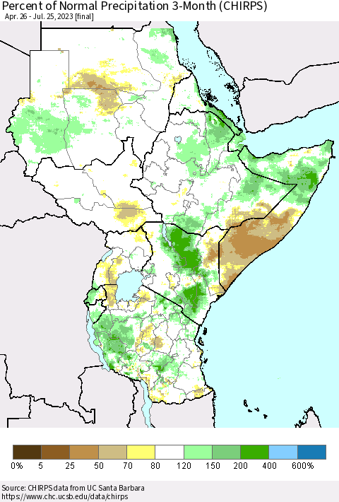 Eastern Africa Percent of Normal Precipitation 3-Month (CHIRPS) Thematic Map For 4/26/2023 - 7/25/2023
