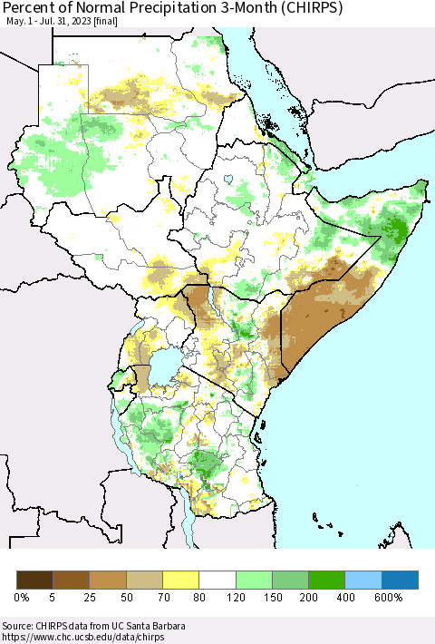 Eastern Africa Percent of Normal Precipitation 3-Month (CHIRPS) Thematic Map For 5/1/2023 - 7/31/2023